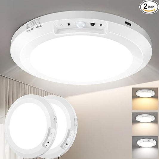 Yunaking 2 Pack Rechargeable Ceiling Light with Motion Sensor: Battery Operated LED Closet Light with Remote & Timing - Wireless Dimmable Magnetic Mount Shower Lamp for Bathroom/Stairs/Garage/Hallway