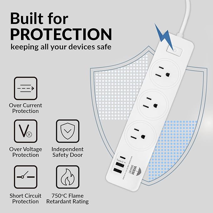 WBM SMART Power Strip 5.9 ft 10 A - Extention Cord Socket, Pack of 2 with 2 USB Ports and 1 Type C Plug, Multi Outlet Extender for Home, Office and Dorm Room