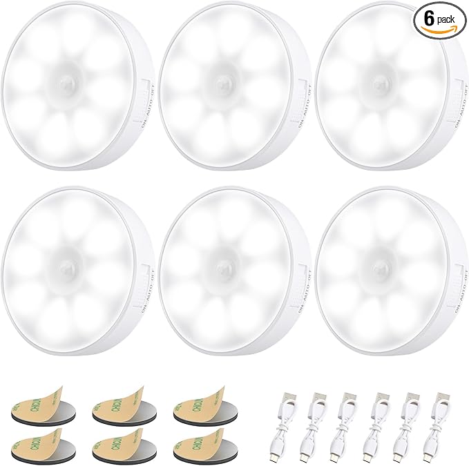 6 Pack Motion Sensor Light Indoor [8 LEDs], Electight Night Light USB Rechargeable, 400 mAh Battery & 3 Light Modes, Cordless Magnetic Sticker Nightlight, for Stair, Closet, Hallway - 6000K Cold White