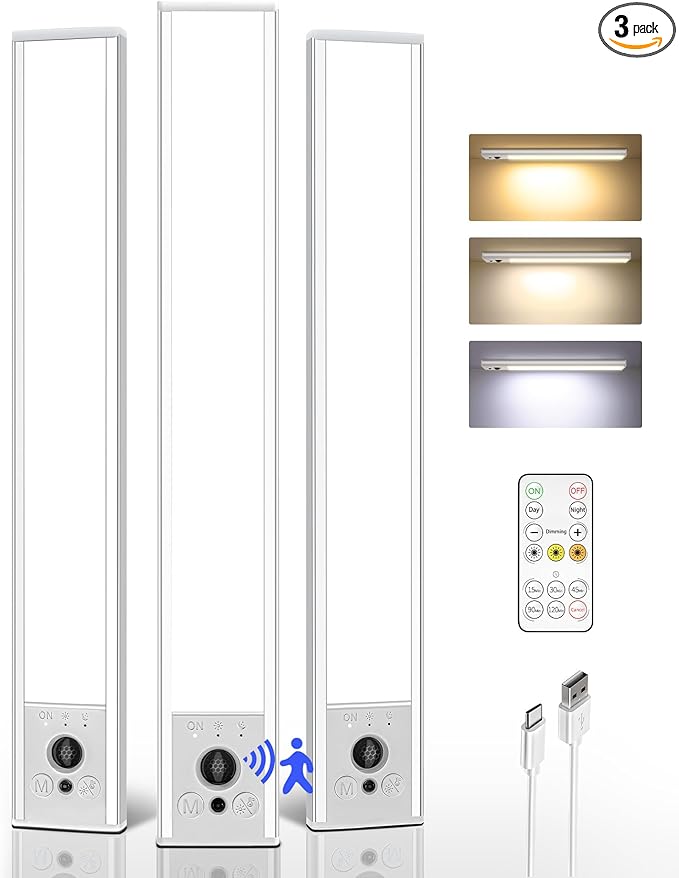 EZVALO 3-Pack Under Cabinet Lighting, 3300mAh Rechargeable Motion Sensor Light, 12inch Magnetic Closet Lights with Dimmable & 3 Color Temps, Wireless Motion Activated Lights with Remote for Kitchen