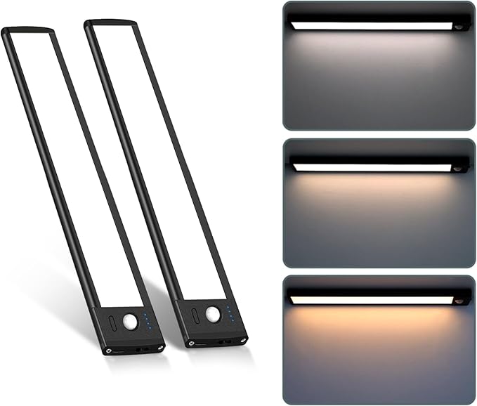 68 LED Motion Sensor Under Cabinet Lights, 3 Color Temps Indoor Dimmable Closet Light, Rechargeable Wireless Magnetic Strip Lights Night Light for Hallway, Stairway, Drawers, Wardrobe(2 Pack, 10 inch)