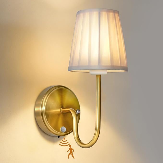 Battery Operated Motion Sensor Wall Sconce, Rechargeable Wireless Gold Wall Lamp with 5200mAh Battery, Dimmable Wall Sconce Light with Switch and Remote for Living Room, Bedroom, Hallway