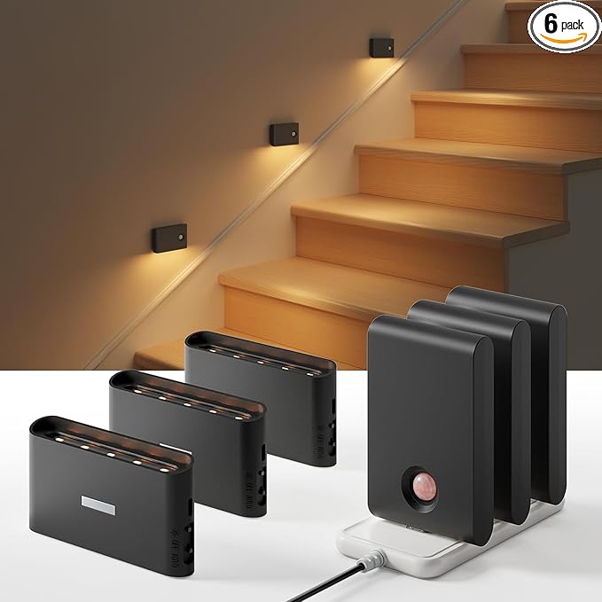 EZVALO 6 Pack Motion Sensor Night Lights with Charging Station, Sync LED Stair Lights Indoor, 1500mAh Rechargeable, Magnetic & Dimmable, 3000K Soft White, Portable Nightlight for Hallway (Black)