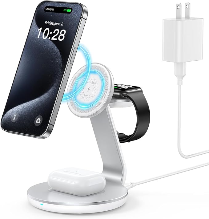 HERRBOLAI 3 in 1 Charging Station Compatible with Magsafe Charger Wireless Charger Stand for iPhone 17 16 15 14 13 12 Wireless Charging Station for AirPods Wireless Charging Stand for iWatch Series