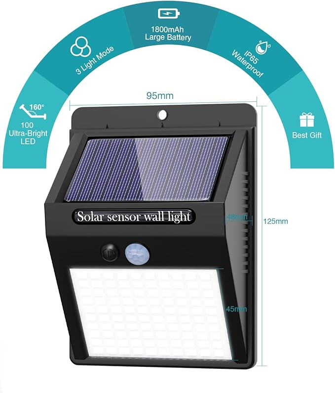 10 Pack Outdoor Solar Lights, 3 Modes/100LED Wireless Solar Security Lights with Motion Sensor - IP65 Waterproof, Suitable for Front Door, Backyard, Garage, Deck
