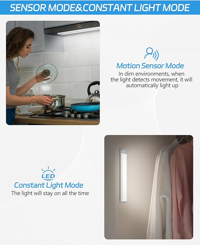 HIBOITEC Motion Sensor Under Counter Lights 2 Pack Rechargeable, 30-LED Wireless Cabinet Lighting Magnetic Self-Adhesive, 180lm Ultra Thin Closet Light for Kitchen, Cupboard, Drawer, Hallway, White