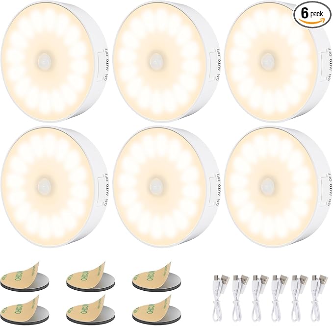14 LEDs Motion Sensor Light Indoor, 6 Pack Upgraded Night Light USB Rechargeable, 3 Light Modes & Long Last Battery, Cordless Magnetic Nightlight for Bedroom, Closet, Hallway - Warm White