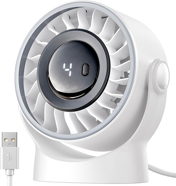 SWEETFULL USB Small Desk Fan - 5 Inch Mini Personal Desktop Fan, 4 Speeds Cooling Strong Airflow, 360° Adjustable Tilt, Quiet Portable Table Fans for Bedroom, Home, Office, Travel & Cruise, White