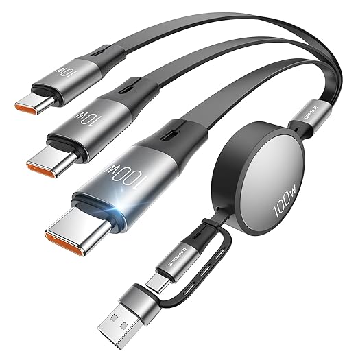 CAFELE Retractable Charging Cable, 100W USB C Fast Charger Cable 3 in 1 with [30-130cm] Adjustable Length, Multi-Port Cord for Laptop, Phone, Car, Travel - PD3.1/QC5.0（Grey）
