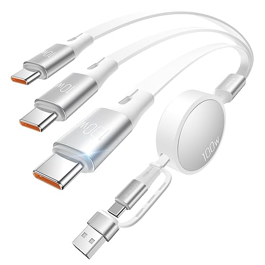 CAFELE Retractable Charging Cable, 100W USB C Fast Charger Cable 3 in 1 with [30-130cm] Adjustable Length, Multi-Port Cord for Laptop, Phone, Car, Travel - PD3.1/QC5.0（White）