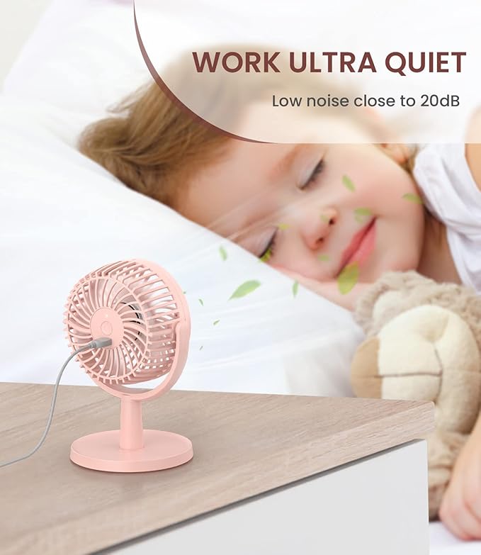 Small Personal USB Powered Fan with 4 Speeds, Portable Desk Fans with 310° Rotation, Mini Powerful Table Fans, Ultra Quiet Air Cooling Fan for Office, Bedroom, Easy to Store, Strong, Compact-Pink