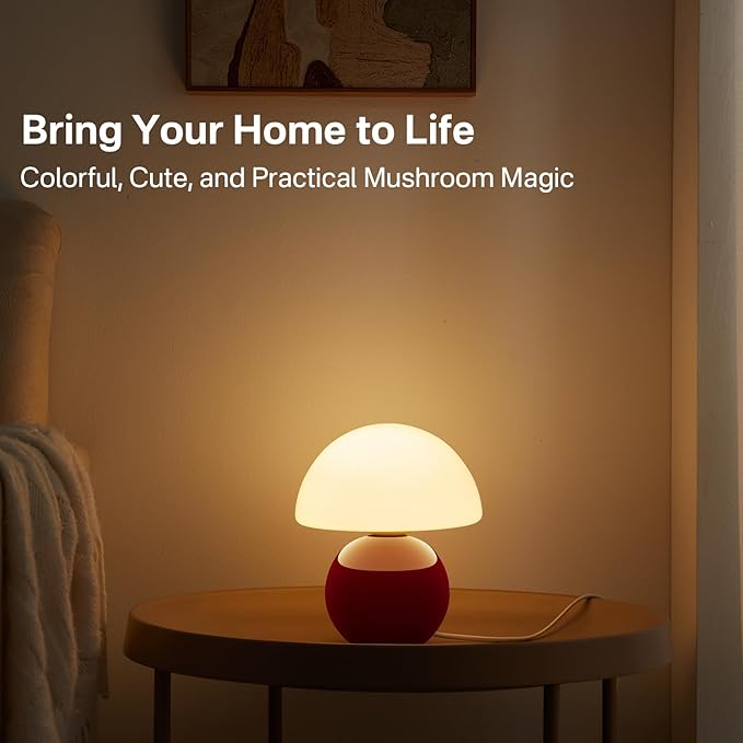 Dawnwake Mushroom Lamp Table Lamp for Bedroom,Desk Bedside Small Lamps for Living Room Night Stands,Mushroom Decor Cute Mini Modern Mid Century Lamps,Unique Aesthetic Home Living Room Decor(Wine Red)