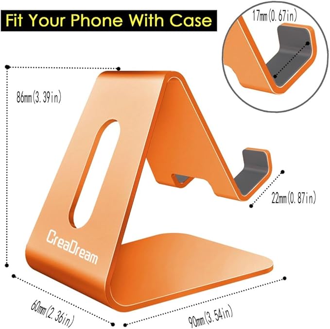CreaDream Cell Phone Stand, Cradle, Holder, Aluminum Desktop Stand Compatible with Switch, All Smart Phone, iPhone 15 14 13 12 Pro Max Plus Mini Xr X Se 8 SE -Orange