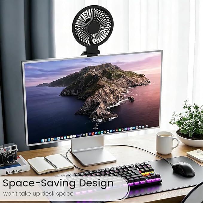 HomeBeyond Clip on Fan for Desk, Desk Fan for Monitor with 60 Tilt, USB Powered Quiet Personal Fan with Stepless Speed Control, Hanging Fan for Office, Gaming, Study