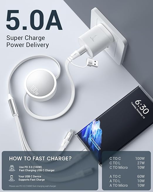 CAFELE 100W Multi Charging Cable, 6-in-1 Retractable USB C/A Cable, 5A Fast Charger Cord for Multiple Devices with Type C/L/Micro Ports for Phone 17 16 15 14 Pro Max, S24/S23, MBook, Pad (3.6ft) White