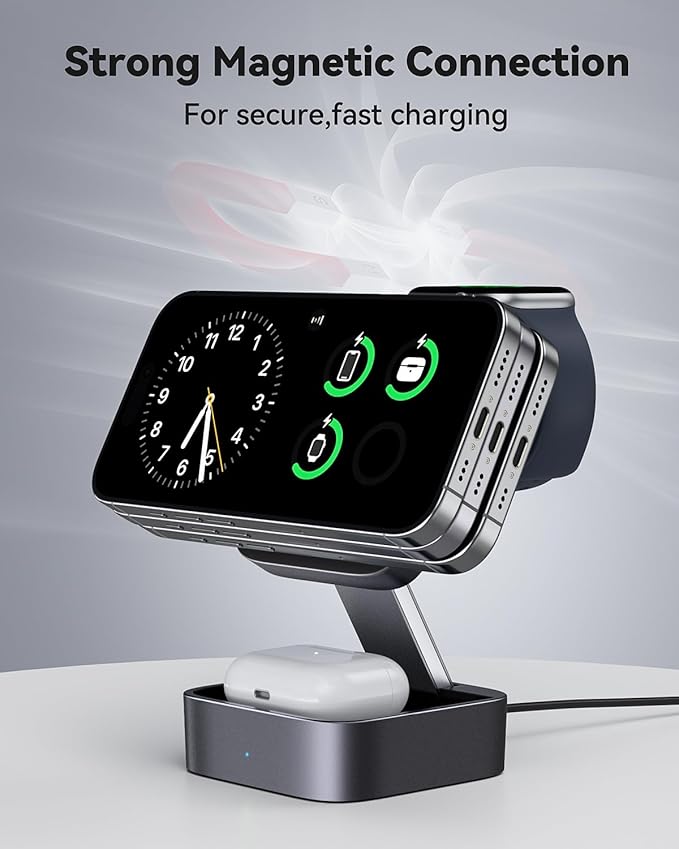 UEQ 3 in 1 Wireless Charging Station for Apple Devices,Compatible with MagSafe Charger Stand,Foldable Fast Travel Magnetic Wireless Charger for iPhone 17 Air 16 15 14 13 12,Apple Watch&AirPods Pro