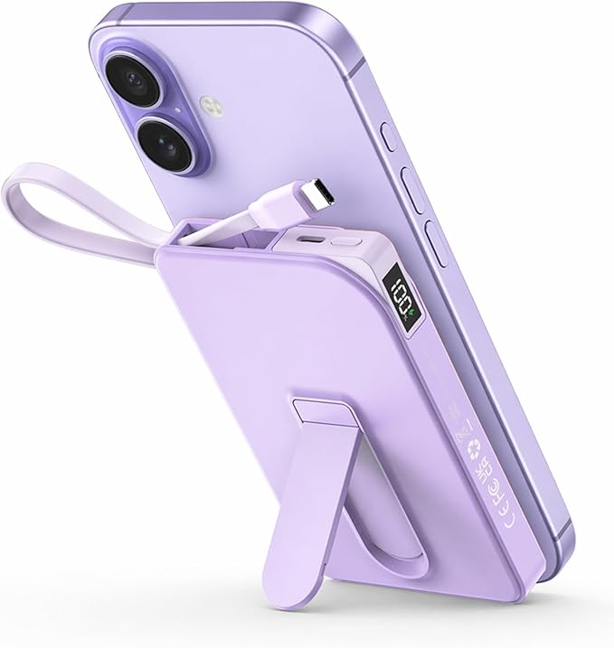 Magnetic Portable Charger, for Magsafe Battery Pack with Stand, 10000mAh Wireless Power Bank Fast Charging with Built in Cable(USB C), Powerbank for iPhone17/16/15/14/13/12 Travel & Daily, Purple