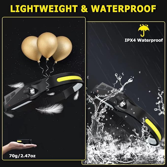 WopkDupk Rechargeable Headlamp 5PCS, 230° Wide Beam Head Lamp, Motion Sensor LED Headlamp Flashlight, 5Mode Headlamps for Adults, Bright Head Lights for Forehead, Hard Hat Headlight