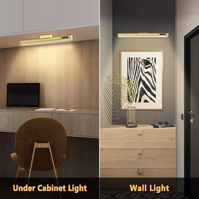 Hapfish Battery Powered Operated Wall Strip Lights, Rechargeable Magnetic LED Light Bar with Remote Control, Dimmable Desk Lamp, Under Cabinet Lighting Wireless for Picture Mirror Closet Room – Gold