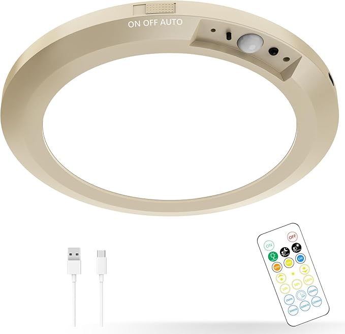 Battery Operated LED Celling Lights Fixture with Auto Motion Sensor, Smart Body Sensor Ceiling-mounted Lamps with 3 Colors/Brightness, Motion Detection Magnetic Celling Lights for Closet Shower-Gold
