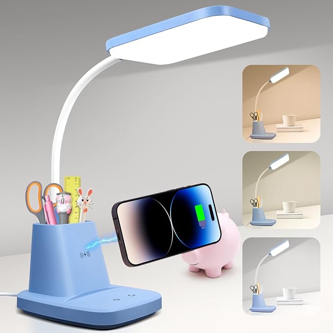 Small Desk Lamp, Blue Desk Lamp with Pen Holder, Wireless Charger LED Desk Lamps for Home Office, 800LM Flexible Arm 3 Modes Dimmable Touch Cute Desk Lamps, Study Lamps for College Dorm Room