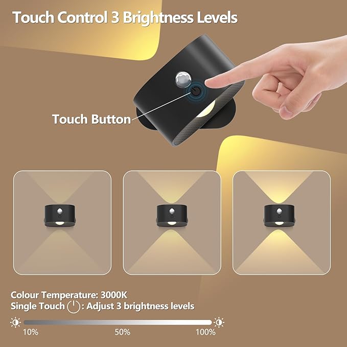 Deyagoo Rechargeable Motion Sensor Wall Light, Wireless Wall Sconce - Magnetic Base, Dimmable 3000K Warm White, 3 Modes (ON/AUTO/Off) for Closet, Stairs, Living Room - Indoor LED Wall Lamp (Black)