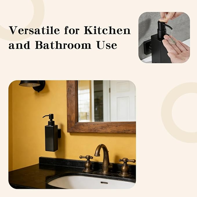 Black Soap Dispenser, Wall-Mounted 304 Stainless Steel Liquid Soap Dispenser for Kitchen and Bathroom