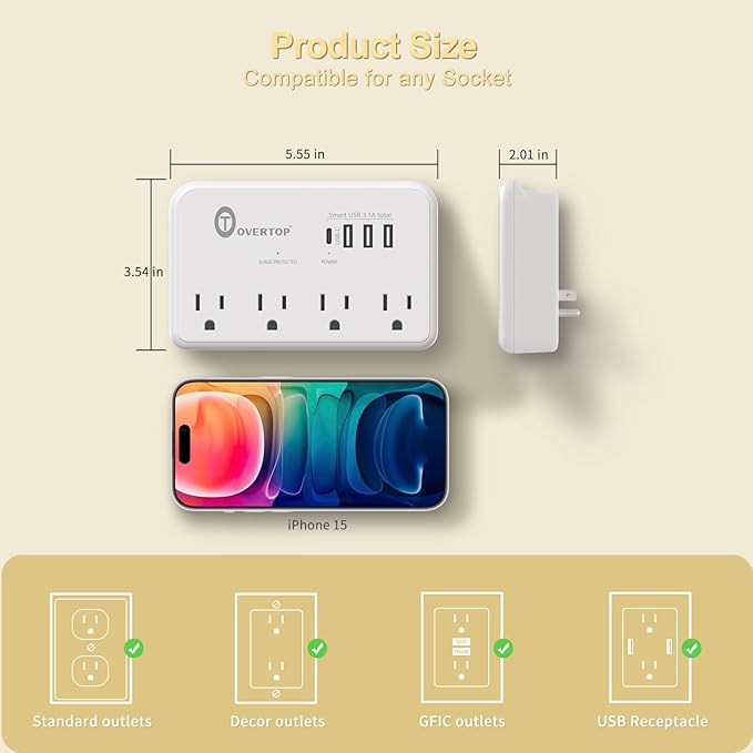 Overtop Wall Outlet Extender, 1800Joules Electrical Surge Protector, 4 AC Outlet Splitter with 4 USB Ports(1 USB C), Small Multi Plug Wall Charger for Home Office Travel Dorm