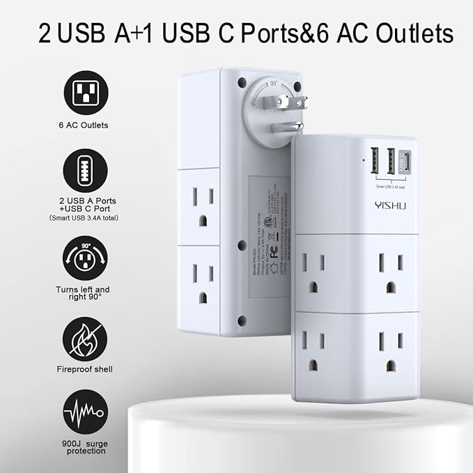 USB Multi Plug Outlet Extender - YISHU Surge Protector with Rotating Plug, 6 AC Plug Extender with 3 USB Ports, 3-Sided Swivel Power Strip Best Ideal Stocking Stuffers for Adults
