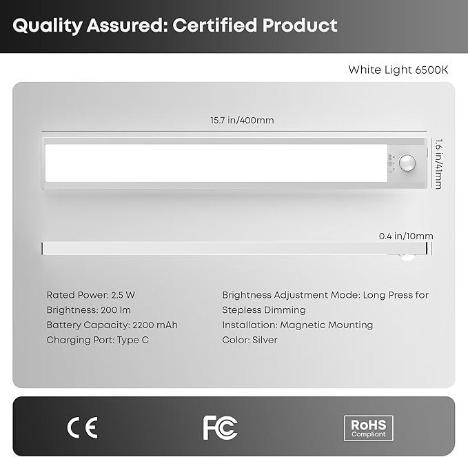 LROLTEF Under Cabinet Lighting Wireless, 2 Pack 15.7 inch 2200mAh 6500K Dimmable Motion Sensor Light Indoor, Rechargeable LED Under Counter Lights for Kitchen, Shelf, Stairs, Closet