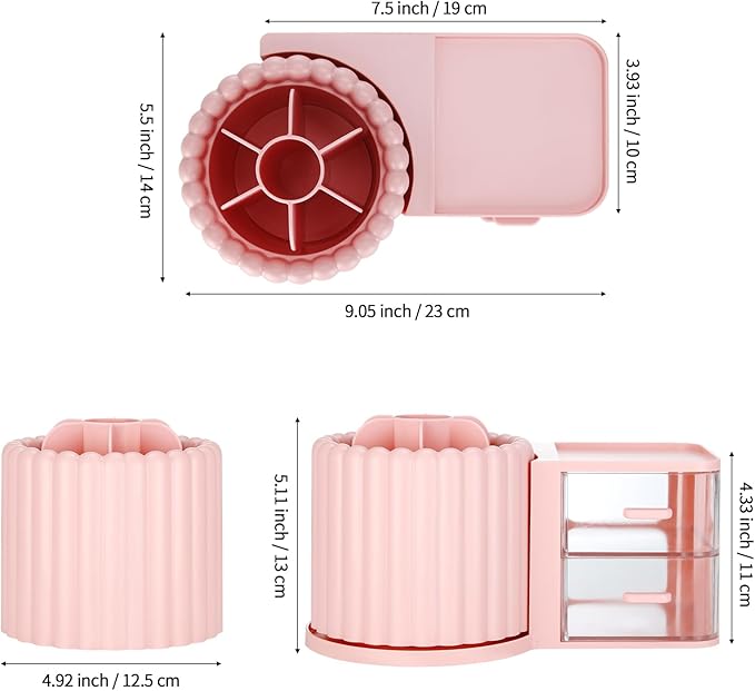 LETURE Rotating Office Desk Organizers and Accessories with 2 Drawer, Pencil Pen Marker Holder for Desk, Desktop Storage Organizers and Accessories for Office Home Art Supplies (Pink)