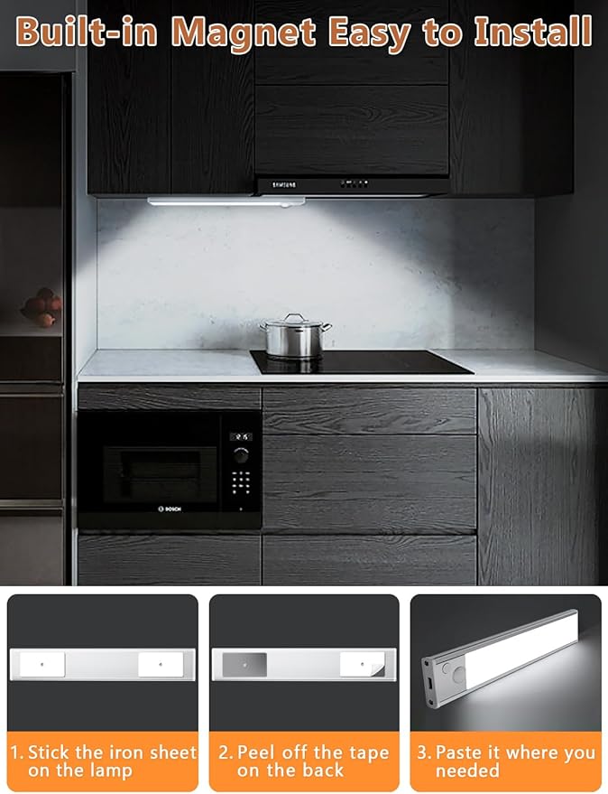Under Cabinet Motion Sensor Lighting: 14 Inch Dimmable Rechargeable Lights Indoor - Battery Operated Lights - Undercabinet Closet Light Magnetic Led Light for Kitchen Home Bathroom Counter 5 Pack