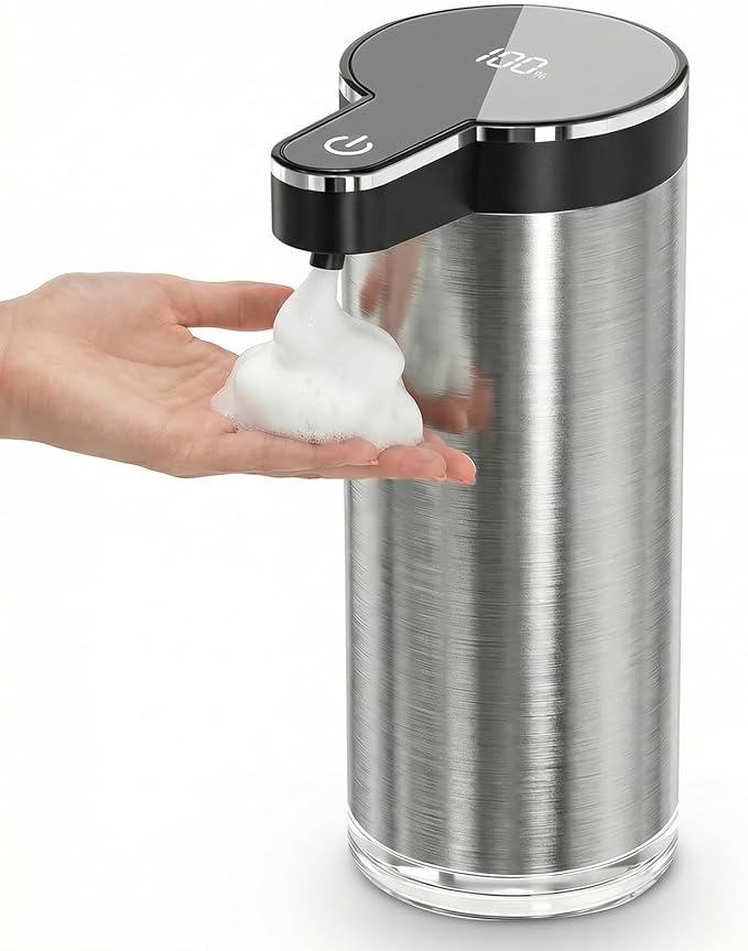 Automatic Foaming Soap Dispenser Touchless, Stainless Steel Hand Soap Dispenser, USB Rechargeable, 4 Adjustable Levels, 11.8oz/350ml for Kitchen and Bathroom (Stainless Steel Black, Foam)