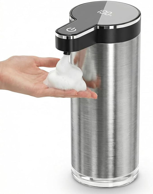 Automatic Foaming Soap Dispenser Touchless, Stainless Steel Hand Soap Dispenser, USB Rechargeable, 4 Adjustable Levels, 11.8oz/350ml for Kitchen and Bathroom (Stainless Steel Black, Foam)