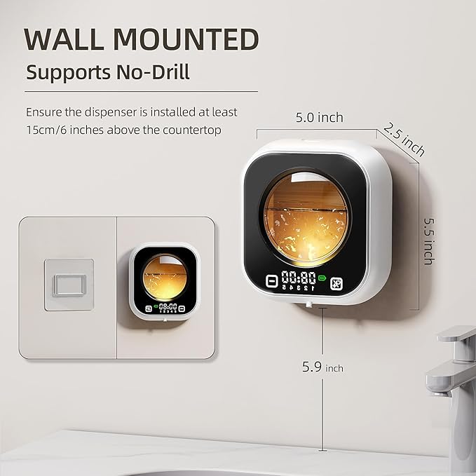 Automatic Liquid Soap Dispenser, Wall Mounted Soap Dispenser, 320ML Electric Touchless Rechargeable, Smart Display & 5‑Level Adjustable, No-Drill Waterproof for Bathroom, Kitchen (White)