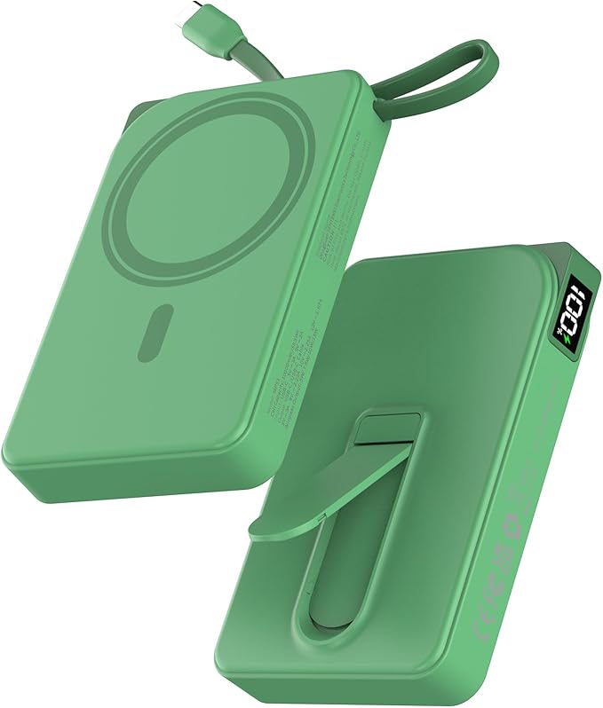 for Magsafe Portable Charger, 3-in-1 Magnetic Power Bank with Stand, 10000mAh Wireless Battery Pack Fast Charging with Built in Cable(USB C), Powerbank for iPhone17/16/15/14/13 Travel & Daily, Green