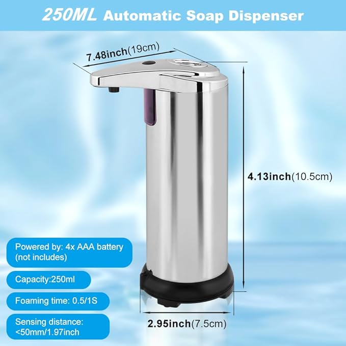 Automatic Soap Dispenser, Stainless Steel Sensor Soap Dispenser, 8.5oz Touchless Liquid Hand Soaps Dispensers with Motion Sensor for Kitchen