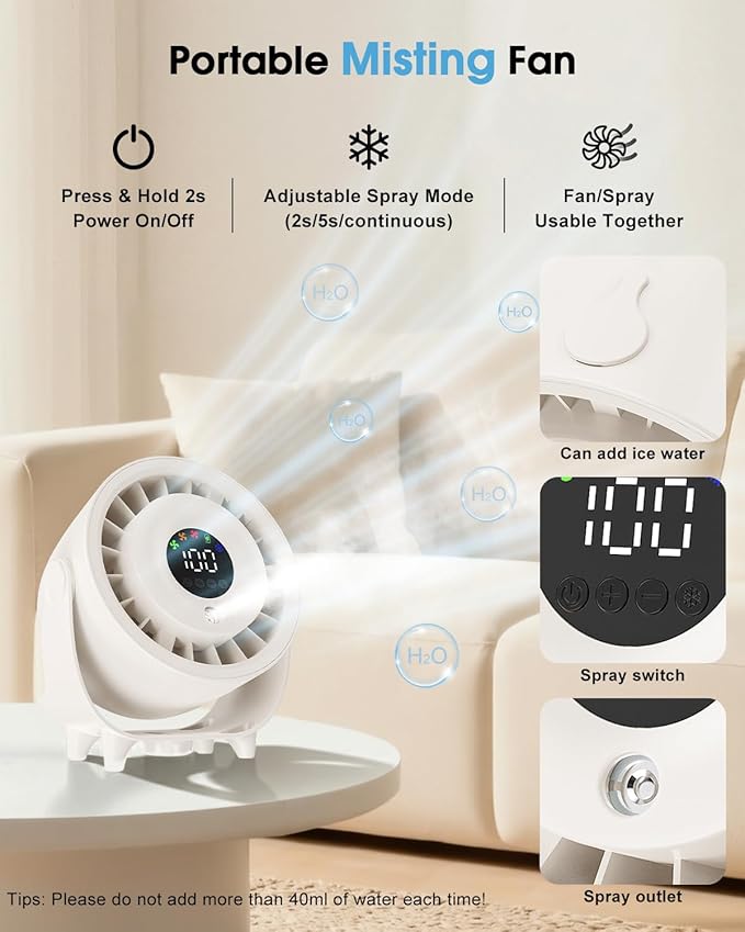 Ouddy Mode Small Desk Fan, 4000mAh Portable Misting Fan Quiet Table Fans with LED Display, Wall-Mouted Design USB Rechargeable Desktop Fans for Bedroom Travel Office Home Kitchen Outdoor White