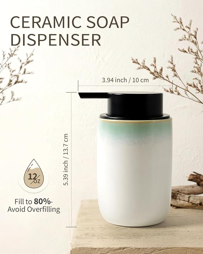 BosilunLife Hand Soap Dispenser - Foam Soap Dispenser Bathroom Ceramic Dish Liquid Soap Dispenser for Kitchen, Bathroom Countertop Soap Dispensers (White with Blue-Green Rim Foam Pump)