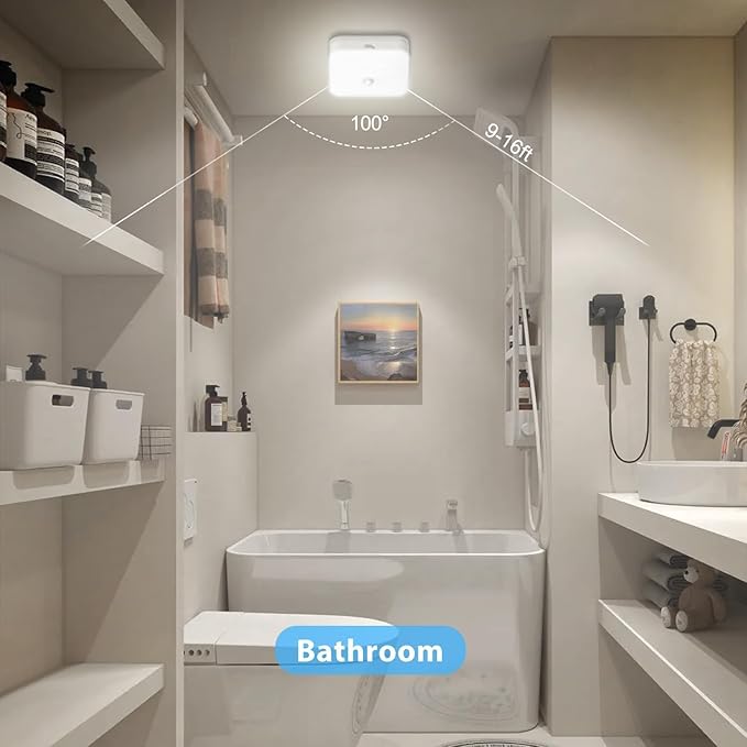 Rechargeable Motion Sensor Closet Light, Rechargeable Battery Operated Ceiling Light Wireless, 500LM Wireless Motion Activated Light for Shower Stairs Hallway Pantry Porch Garage, 5000K 4 Pack