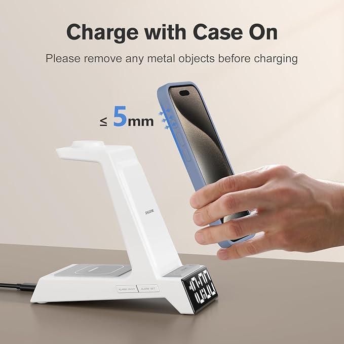 ANJANK 4 in 1 Alarm Clock with Wireless Charging, Wireless Charger Station for Multiple Devices Apple,Charging Dock for iPhone 17 16 15 14 13 12 Pro Max Series, Apple Watch, AirPods Pro 3/Pro 2/4/3/2
