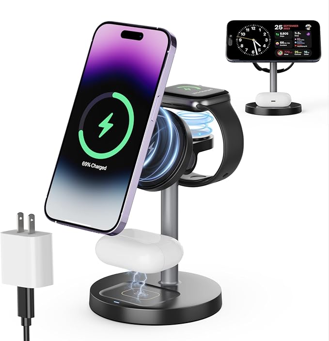 3 in 1 Wireless Charging Station Compatible with MagSafe, 15W Fast Charging Magnetic Mag-Safe Charger Stand for Apple iPhone 17 16 15 14 13 12Series Apple Watch AirPods Pro 4 3 2, Gifts for Men Dad