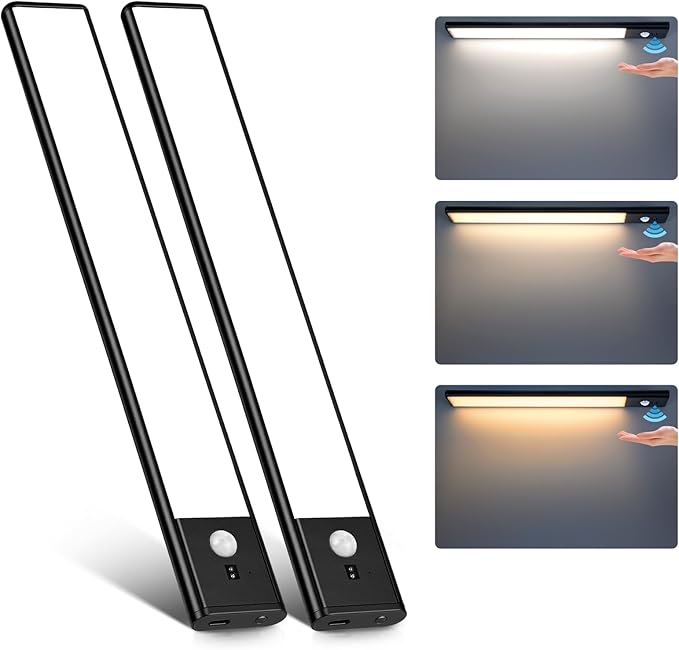 80 LED Motion Sensor Under Cabinet Lights with Hand Wave, 3 Color Temps Indoor Dimmable Closet Light, Rechargeable Wireless Magnetic Strip Night Lights for Hallway, Stairway, Wardrobe(2 Pack, 12 inch)