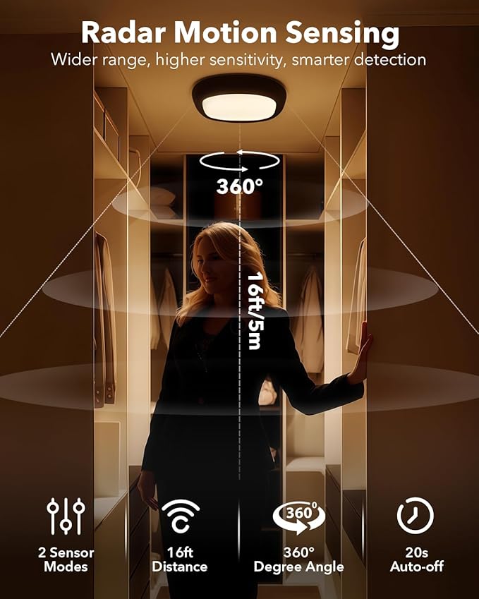 2 Pack Motion Sensor Rechargeable Ceiling Light with Remote, 12000mAh Wireless Shower Lights for Inside Shower, Battery Operated Closet Light Sensored Indoor LED Overhead Lighting No Wiring for Garage