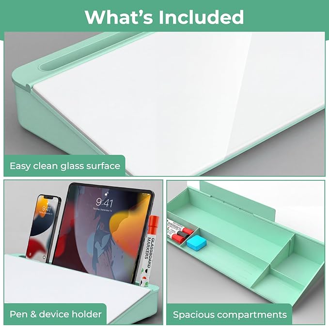 Chalkola Green Glass Desktop Whiteboard with Storage - Dry Erase Board, Work Desk Organizers, Computer Keyboard Stand, Home Office Desk Accessories, Workspace Desktop Buddy