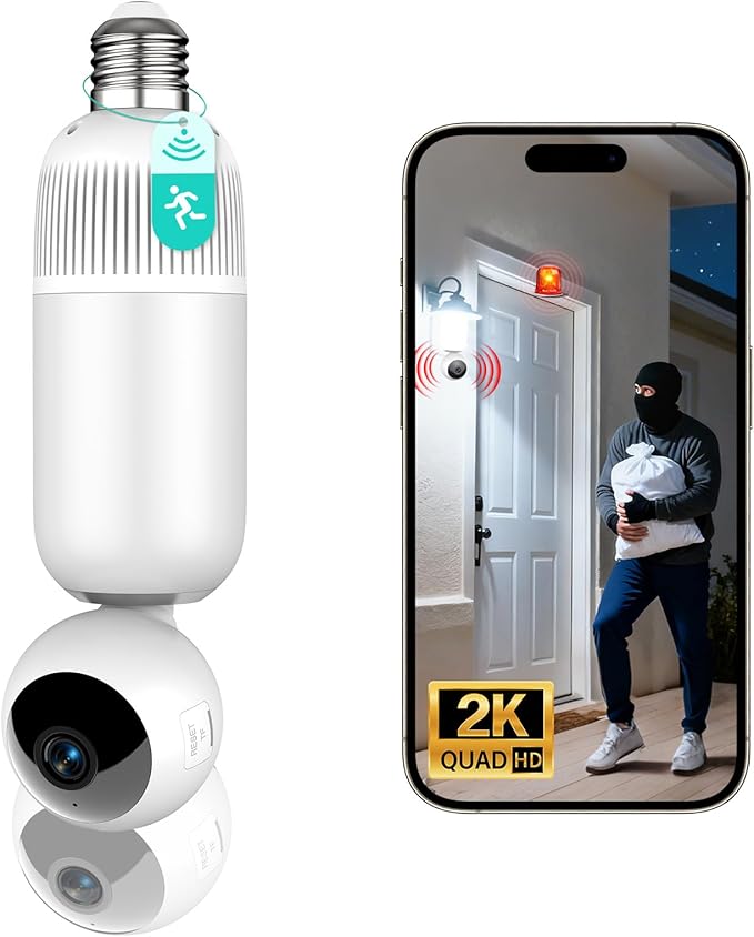 2K Light Bulb Security Cameras Outdoor Indoor - 355° Manual Pan / 110° Tilt Light Bulb Camera Wireless for Home Security with Color Night Vision, Motion Detection, SD/Cloud Storage, 2-Way Audio, Siren