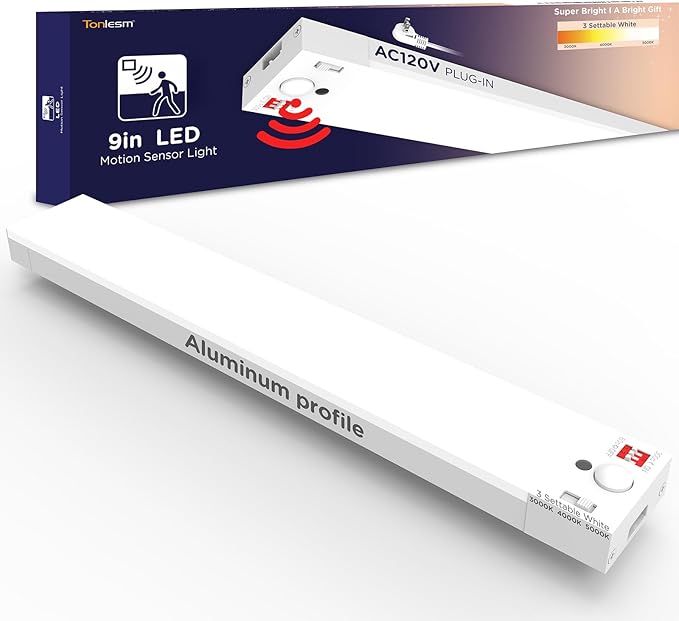 Under Cabinet Lighting Plug in 9in AC120V with Motion Sensor 3000K/4000K/5000K, Super Bright, Linkable Under Counter Light for Kitchen, Shelf, Sink, Closet, Aluminum White 1Pack
