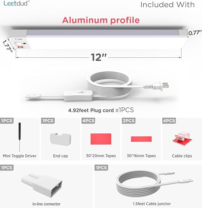 Leetdud Under Cabinet Lighting Plug in 12 Inch, 120V Motion Sensor Lights Indoor, 3CCT 3000/4000/5000K, Aluminum Linkable Super Bright LED Counter Light with Timer for Kitchen, Shelf, Closet, 1 Pack