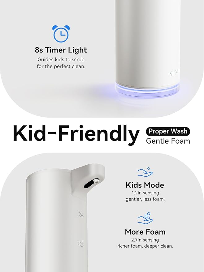 SUNLY Automatic Foam Soap Dispenser, 0.2s Fast Sensor, USB-C Rechargeable, Smudge-Resistant Stainless Steel, Touchless Liquid & Foaming Soap Dispenser for Bathroom, Kitchen, Hotel, White