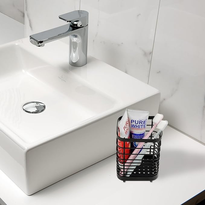 Wall Mount Toothbrush Holder for Bathroom, Stainless Steel Rustproof Toothbrush and Toothpaste Holder Organizer, Electric Toothbrush Holder Self Adhesive Wallmount/Countertop Organizer(Black)